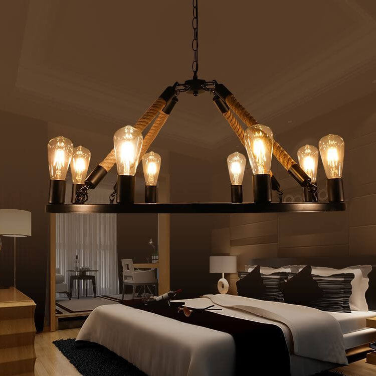 Industrial Circular Black Metal Hemp Rope Chandelier