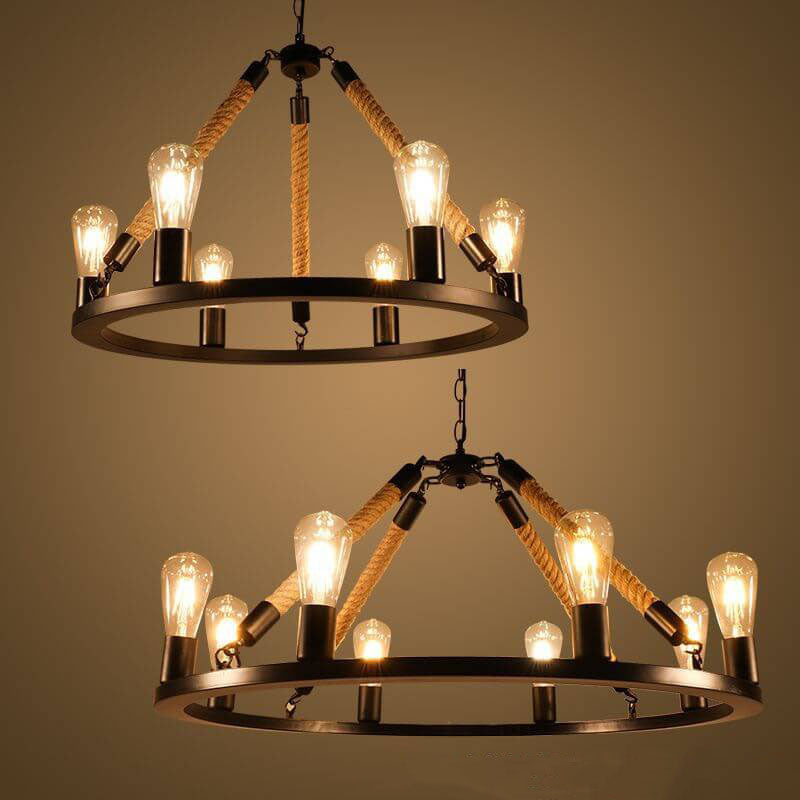 Industrial hemp circular chandeliers in metal — 6-Light / 220V-240V (UK/AU