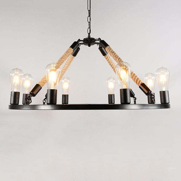 Industrial Circular Black Metal Hemp Rope Chandelier