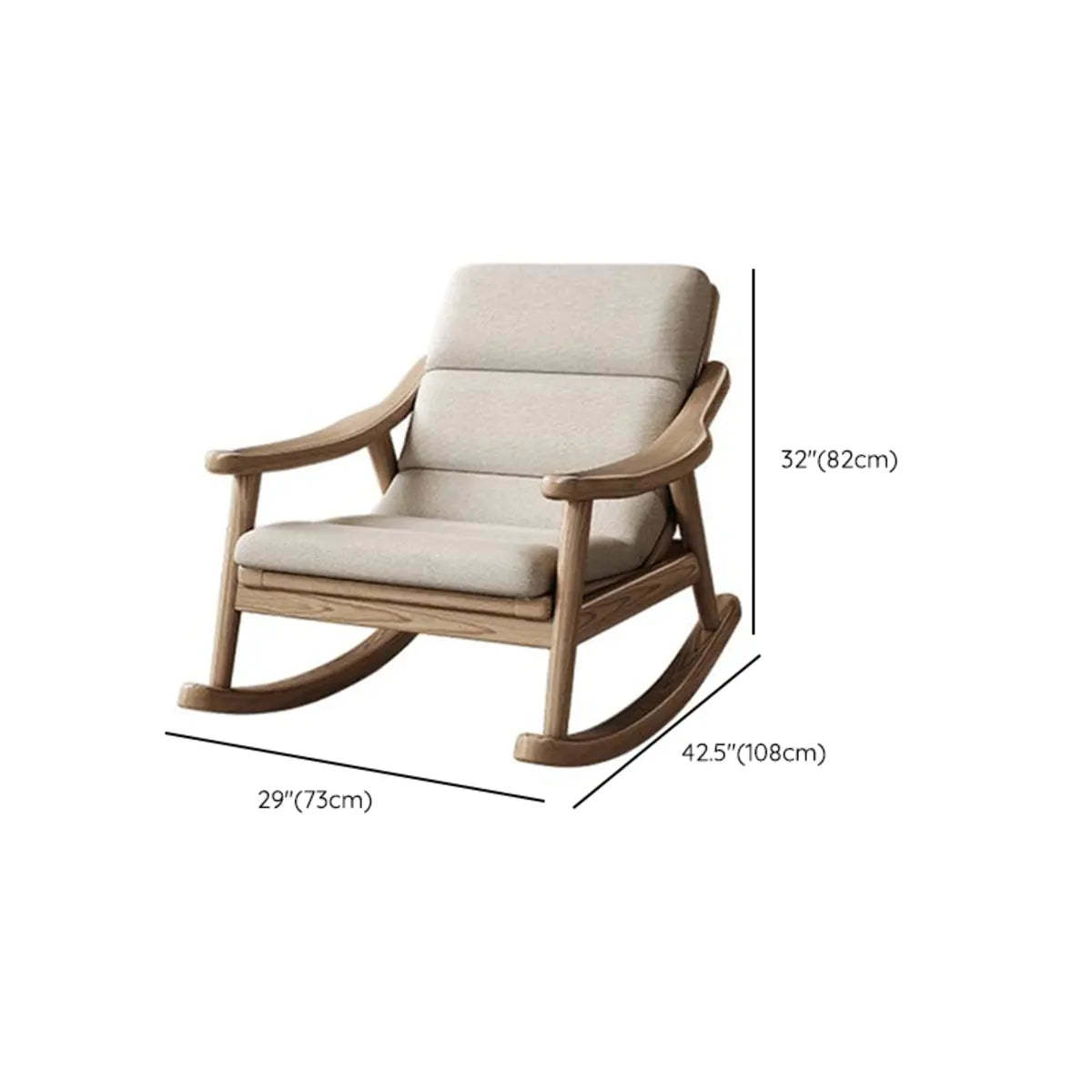White Upholstered Natural Wood Track Arm Rocking Chair