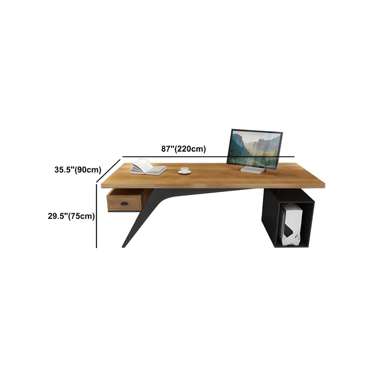 Brown Pine Wood Office Desk with Storage Drawers #size