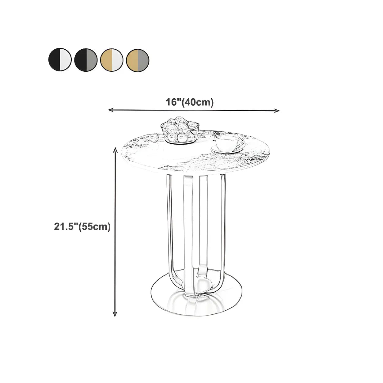 Round Stone Top Black Steel Pedestal Side Table — Black / Gray