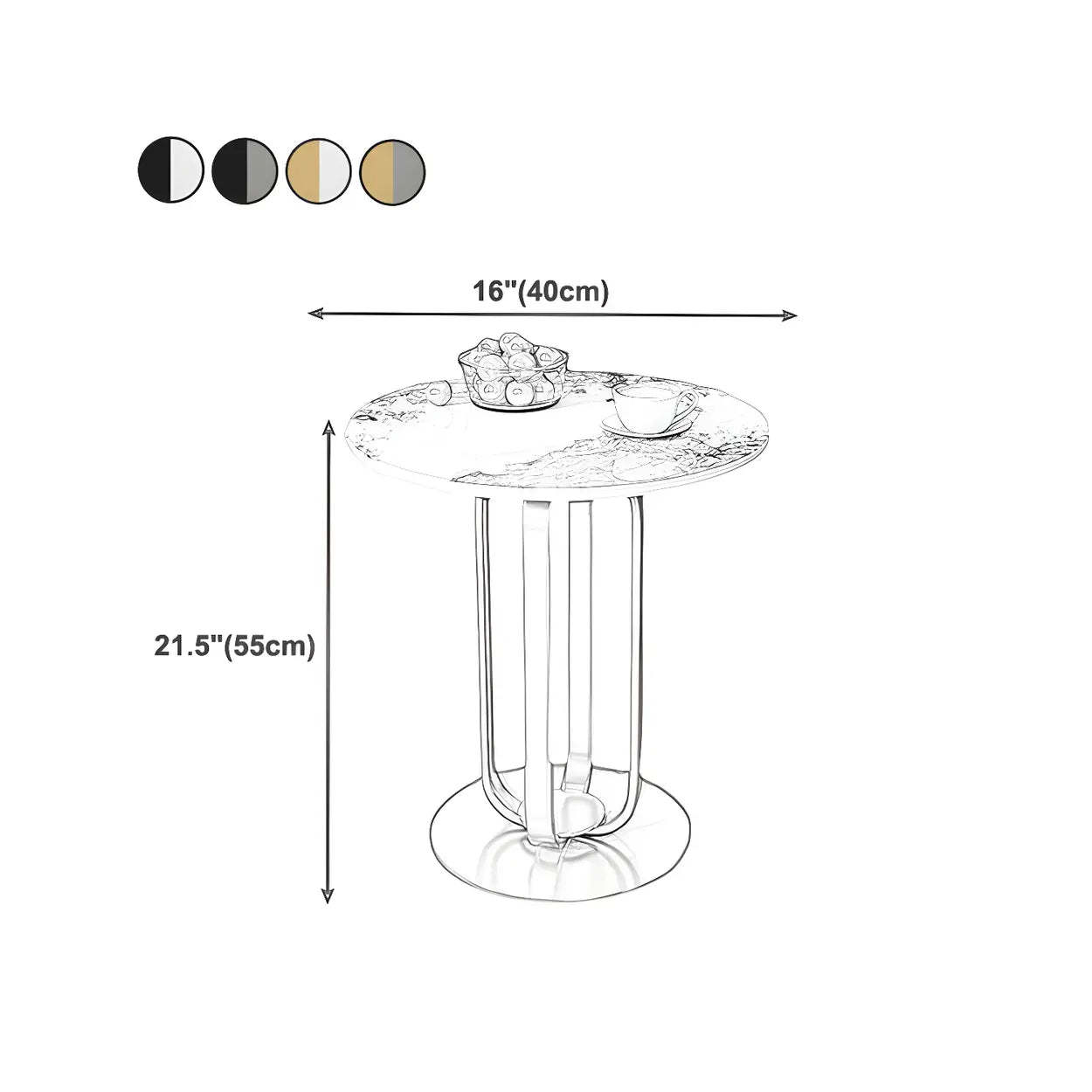 Round Stone Top Black Steel Pedestal Side Table — Black / Gray