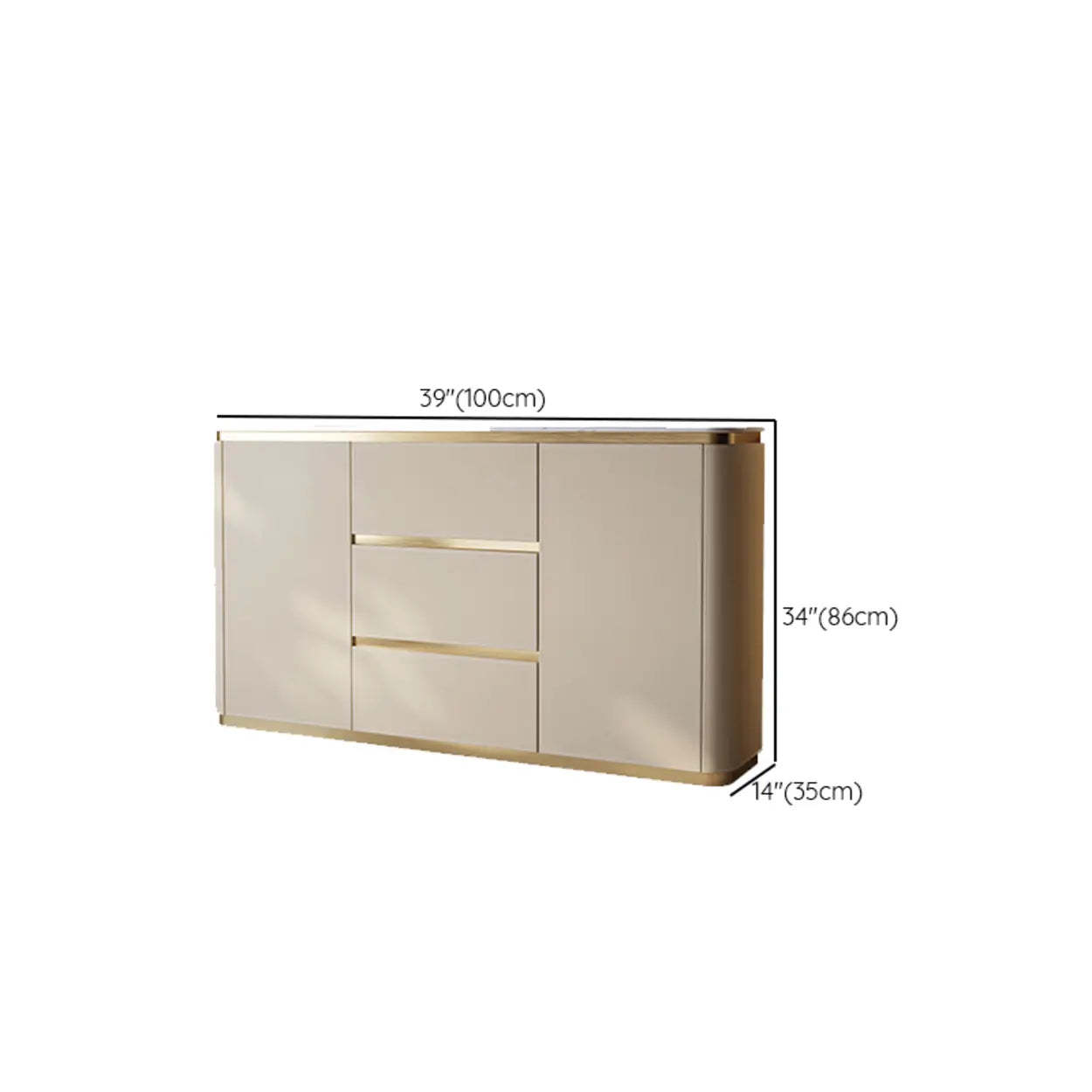 Beige Engineered Wood Gold Trim Pedestal Console Table with Storage