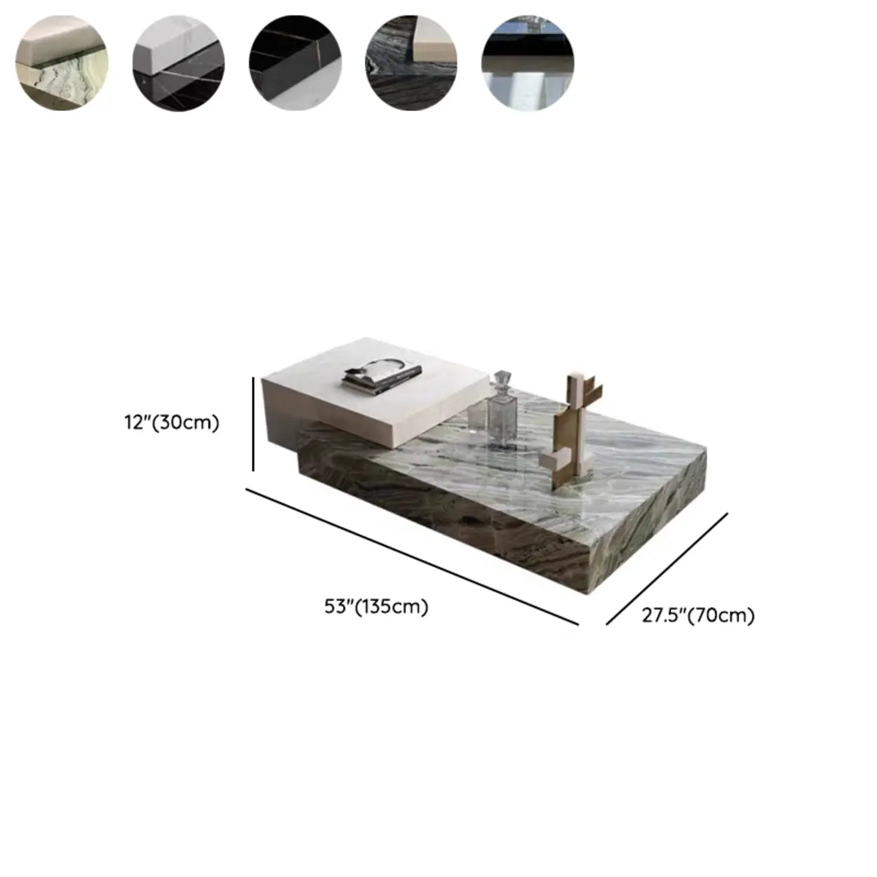 Black-White Marble Rectangular Block Base Coffee Table — Bright White/ Black