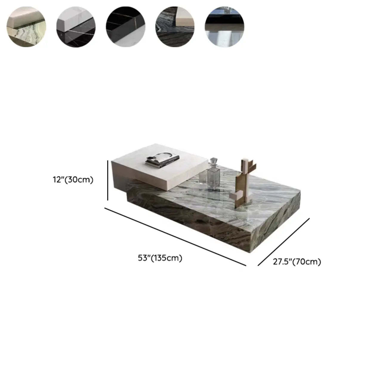 Black-White Marble Rectangular Block Base Coffee Table — Bright White/ Black