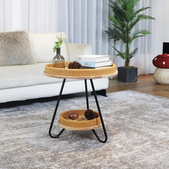 Nordic Iron Rattan Wood 2-Tier Round Coffee Table