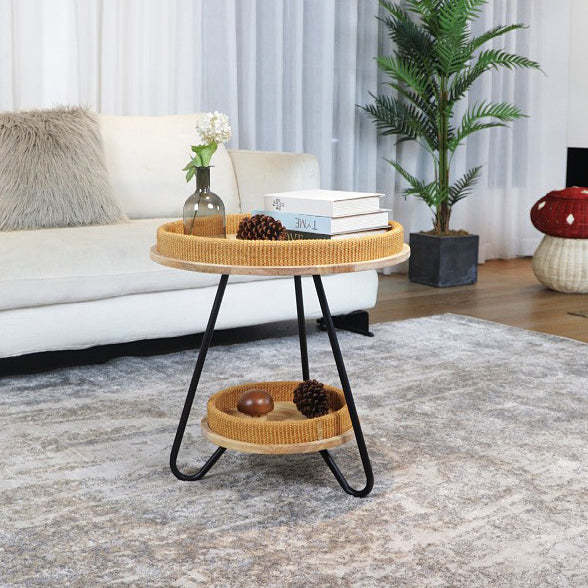 Nordic Iron Rattan Wood 2-Tier Round Coffee Table