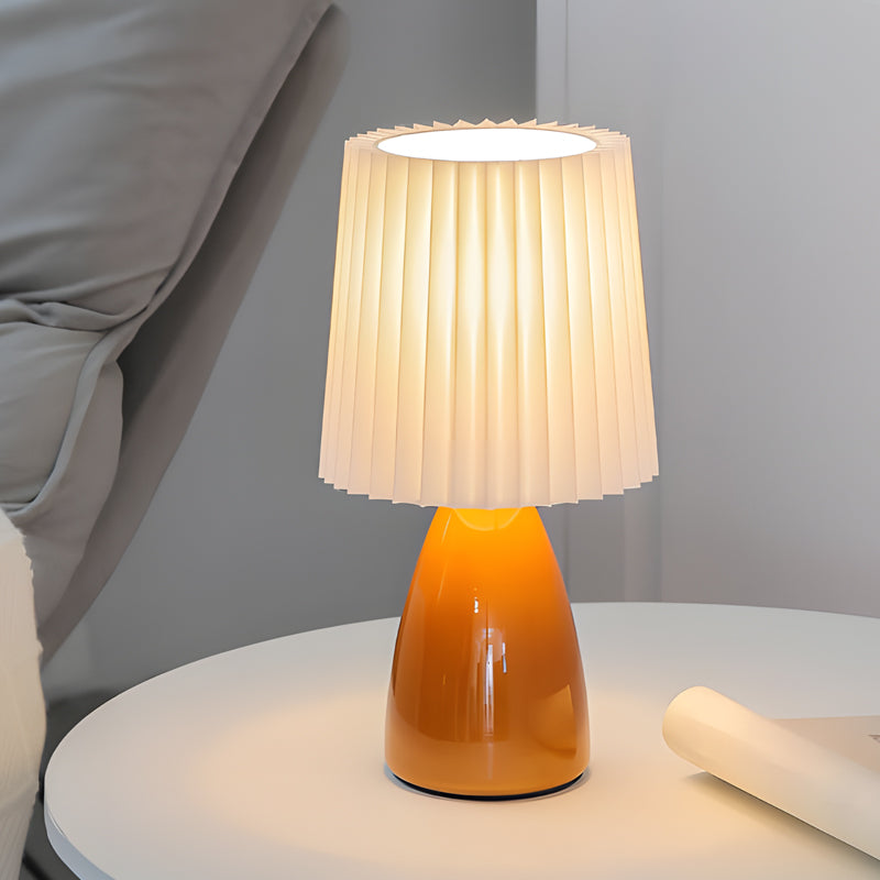 White leather pleated-shade table lamps