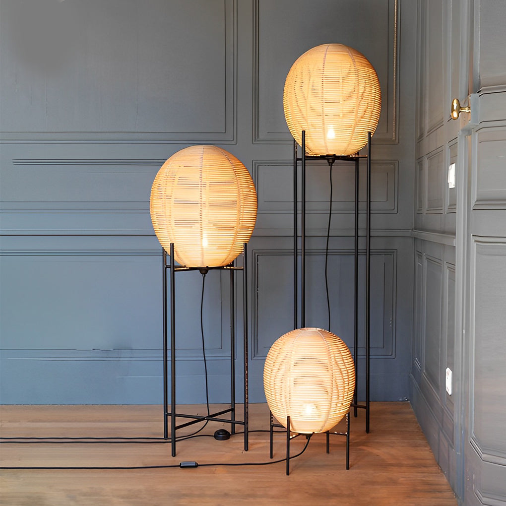 Rustic Boho Rattan and Metal Frame Accent Floor Lamp-Lighom