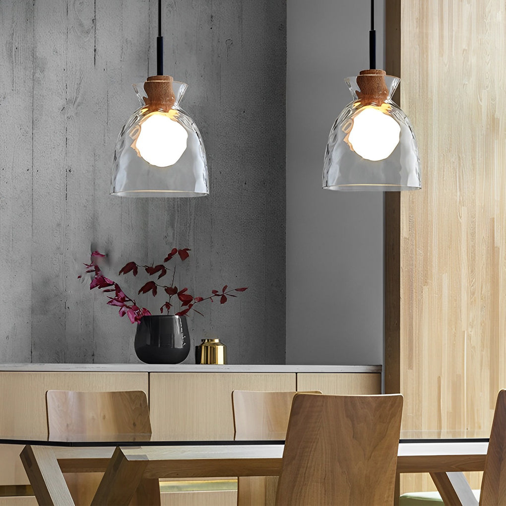 Round Glass Wood Japanese Mini Pendant