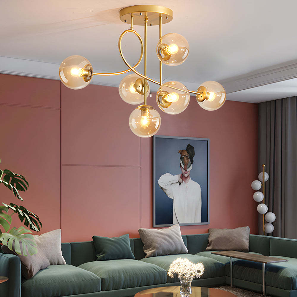 Gold Black Semi-Flush Chandelier with Glass Shade