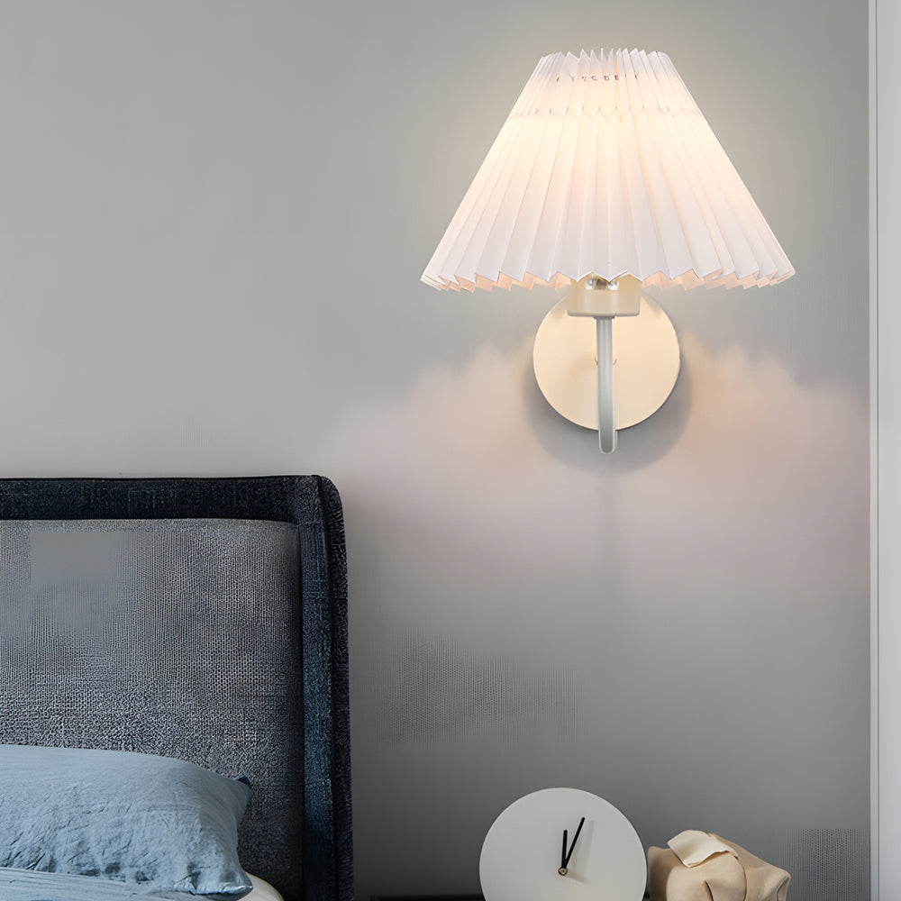 Vintage 1-Light Dimmable Metallic Pleated Fabric Sconce — White / White