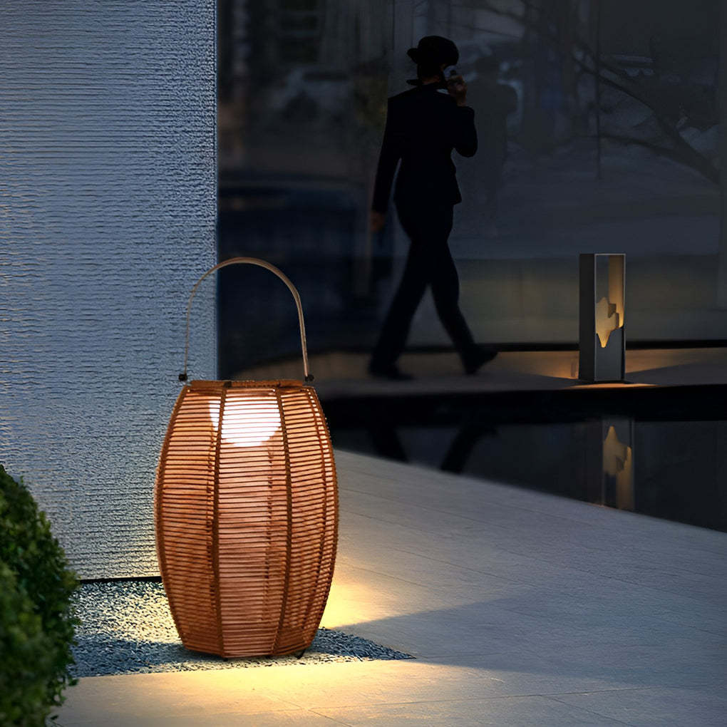 Rattan Lantern Shaped LED Waterproof Portable Modern Outdoor Floor Lamp-Lighom