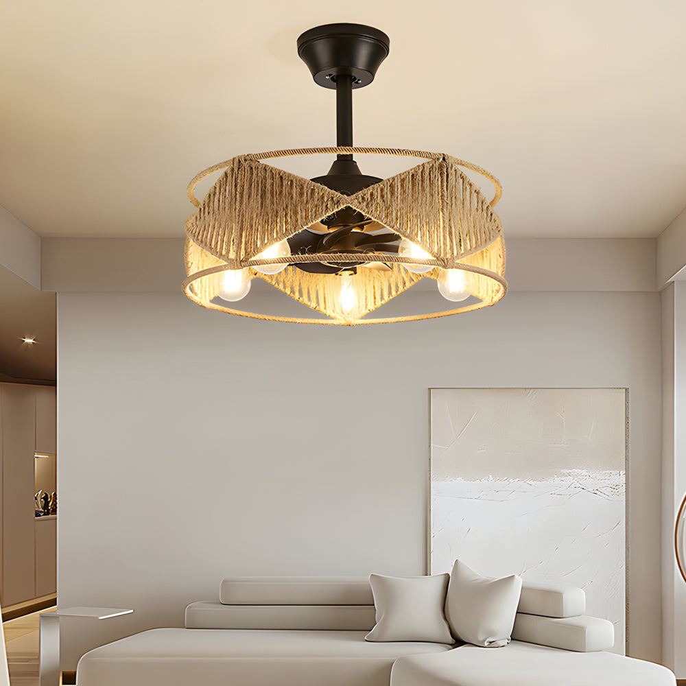 20" Hemp Rope-Woven Caged Remote Ceiling Fan