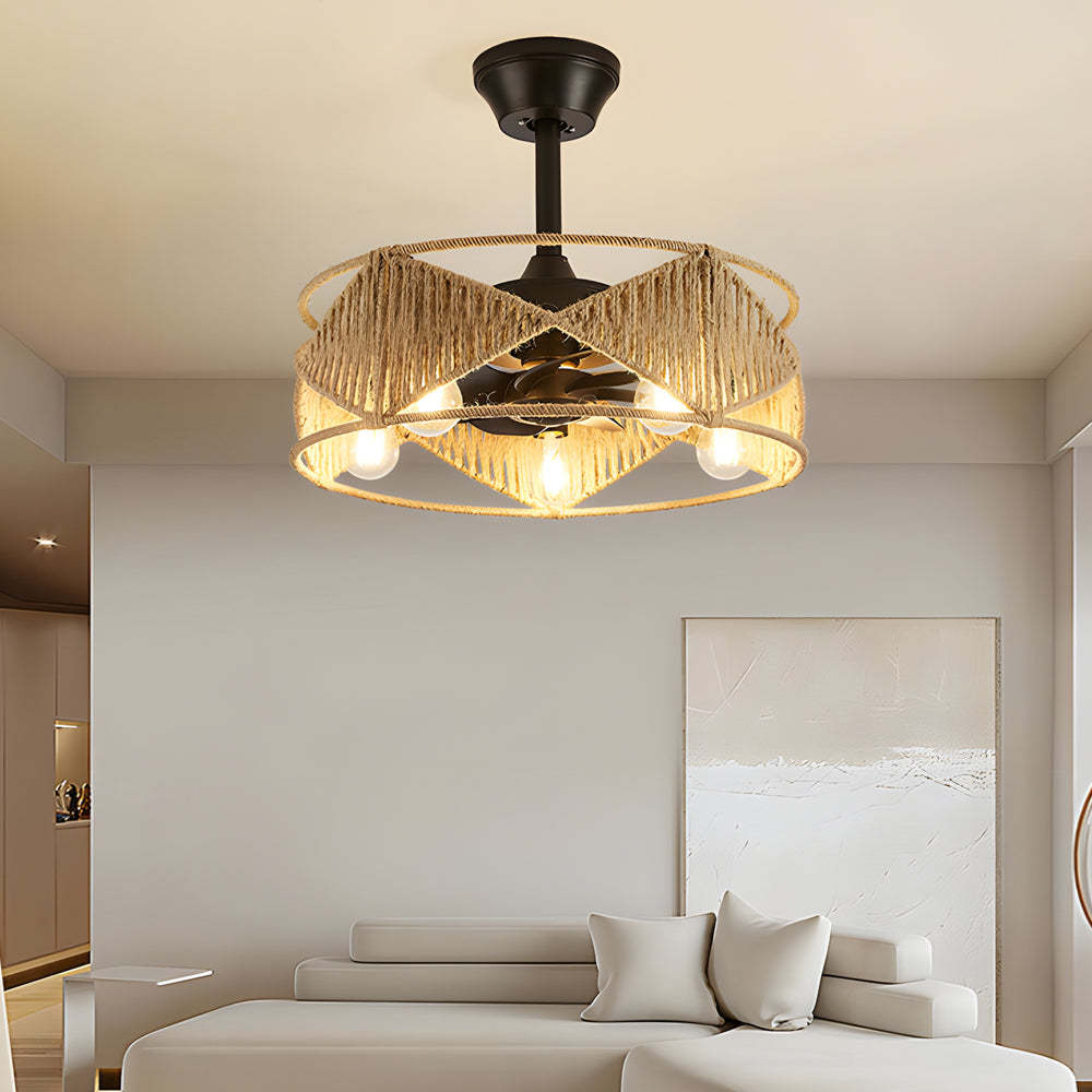 20" Hemp Rope-Woven Caged Remote Ceiling Fan
