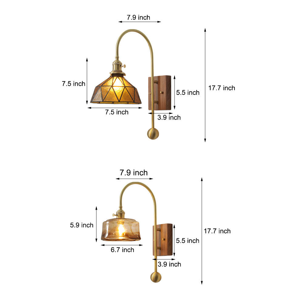 1 Head Vintage Brass Wall Light Glass Shade High Arm Wall Lamp-Lighom