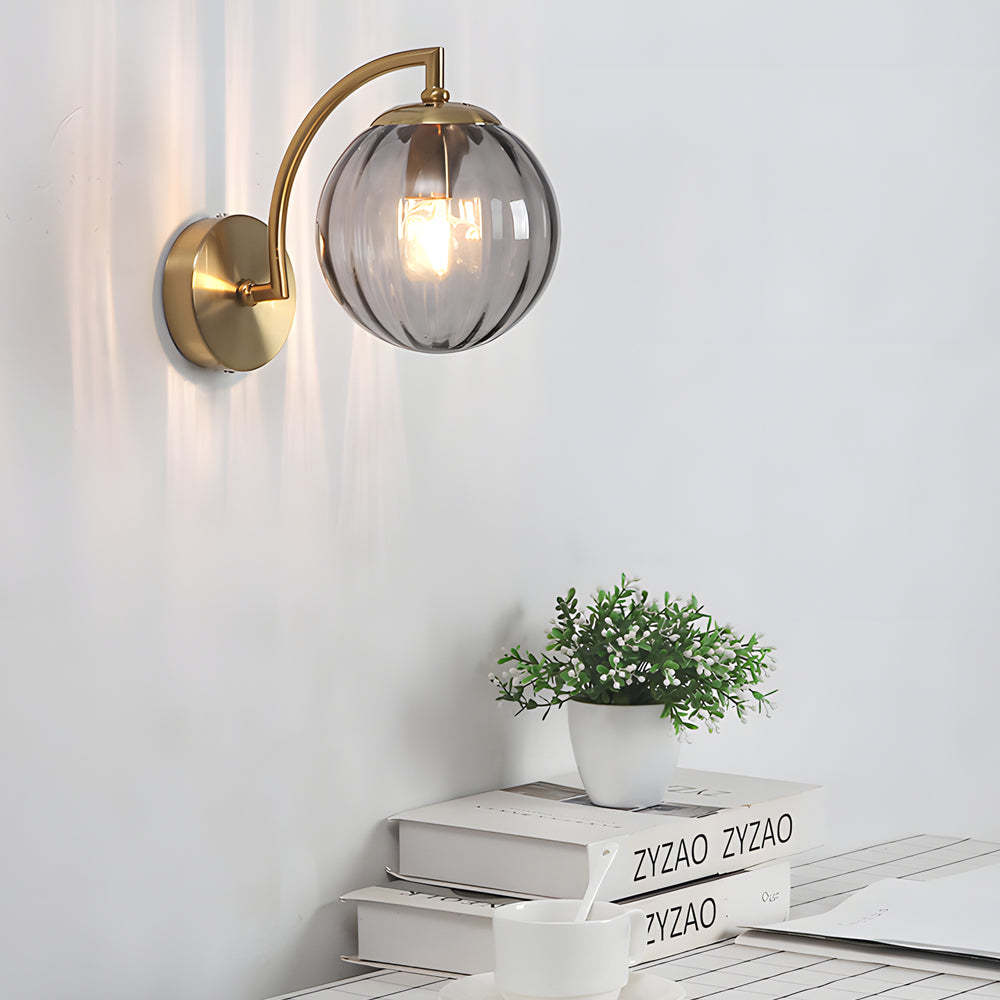 Curved Arm Rib Glass Ball Wall Sconce