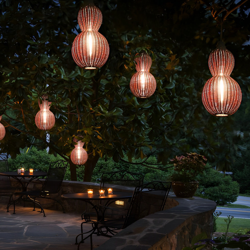 Woven Rattan Gourd Hanging Lamp Outdoor Pendant Light for Patio-Lighom