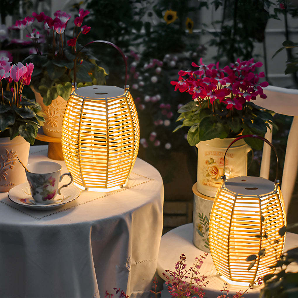 Portable Rattan Lantern LED Solar Outdoor Floor Lamp