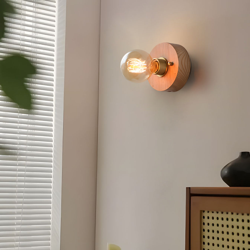 Round/Square Vintage Walnut Wood Wall Lamp 1-light with Pull Chain Switch-Lighom