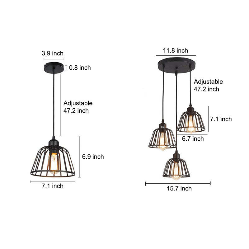 1/3-Light Black Iron Cage LED Industrial Retro Chandelier
