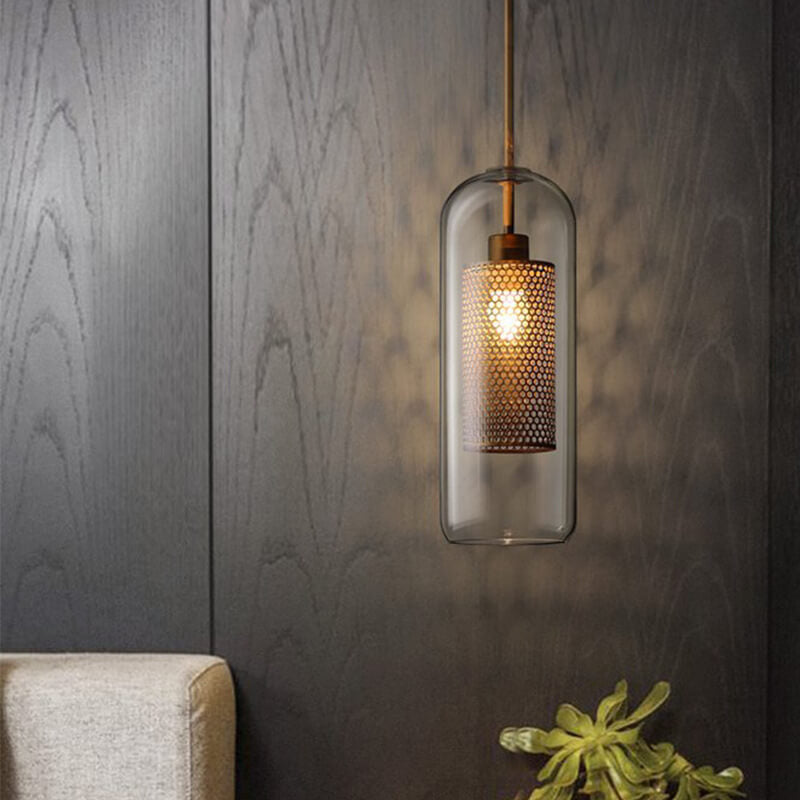 Industrial clear cylindrical pendant lighting in glass — 11.81" H x 4.72" W / 220V-240V (UK/AU)