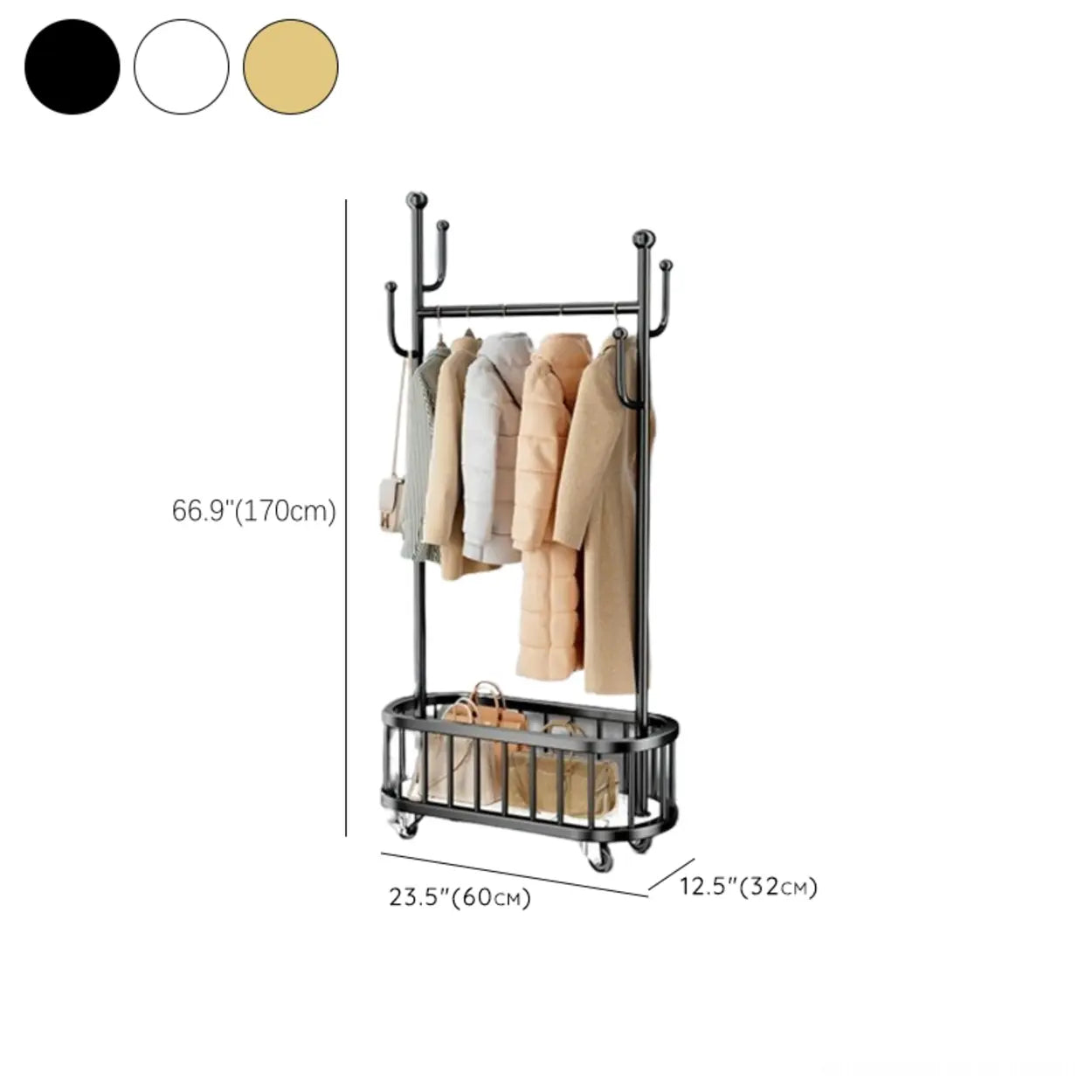Oval Gold Metal Basket Coat Rack with Hooks
