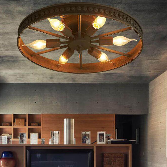 Industrial Wrought Iron Wheel 6-Light Flush Mount