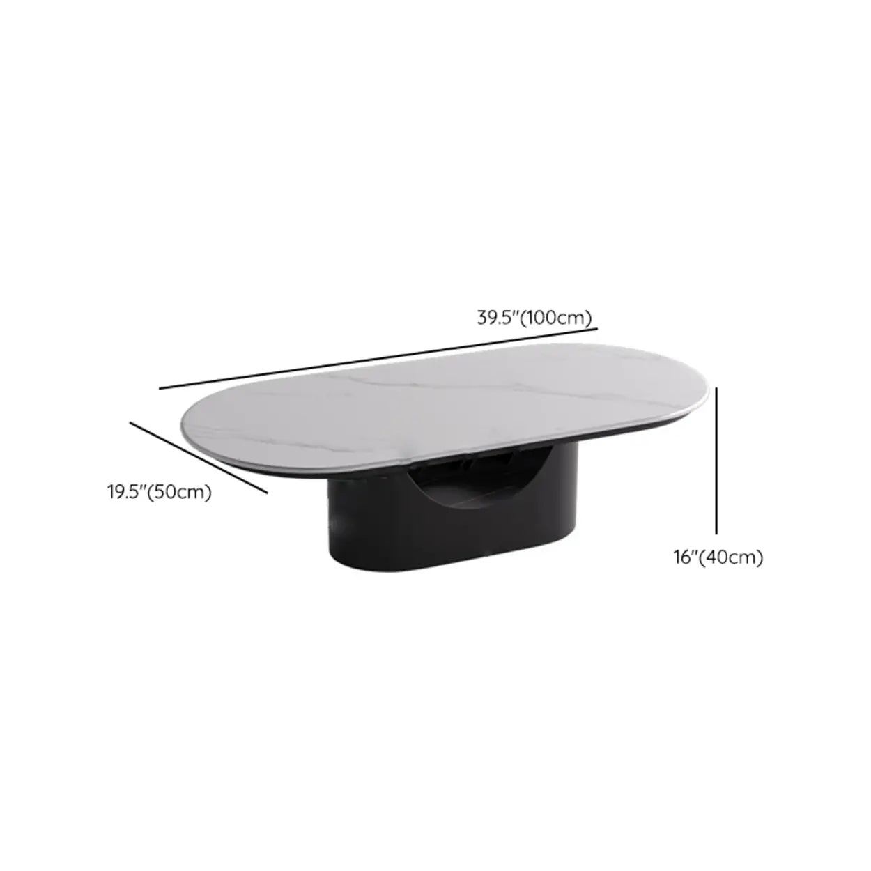 Oval White Stone Black Steel-Base Coffee Table