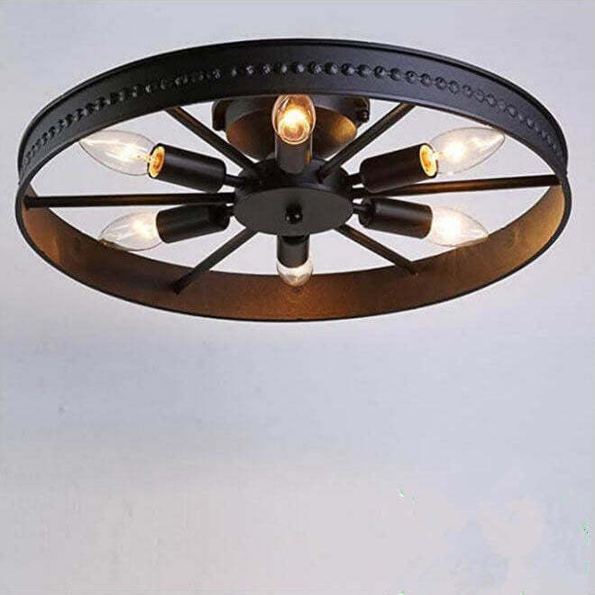 Industrial Wrought Iron Wheel 6-Light Flush Mount