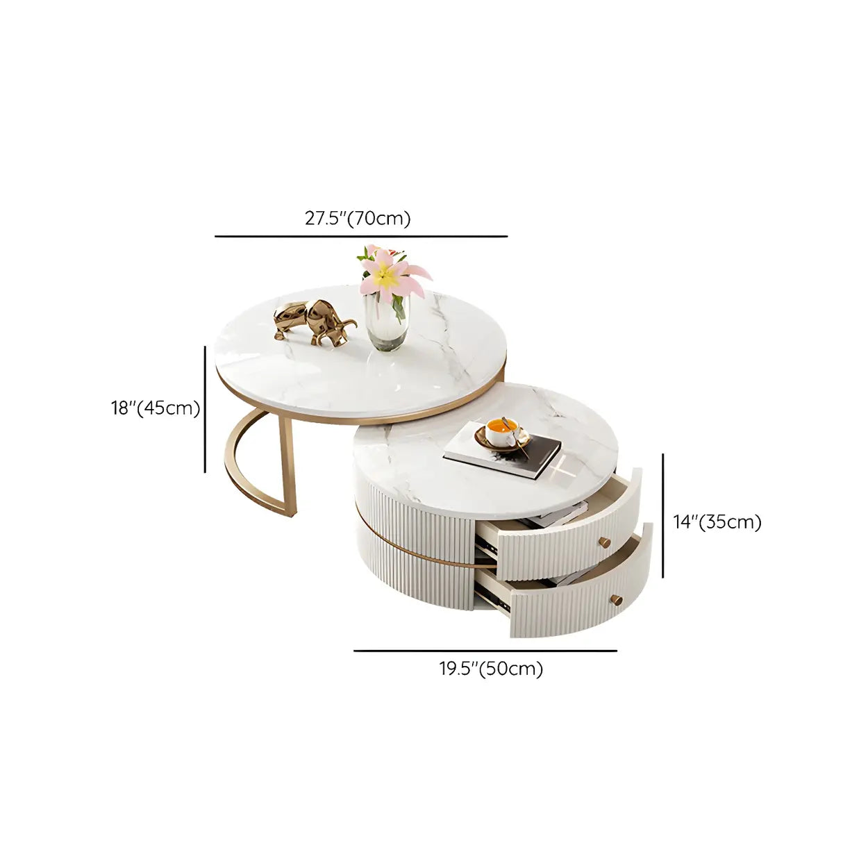 White Stone Round Coffee Table Set with Storage #size