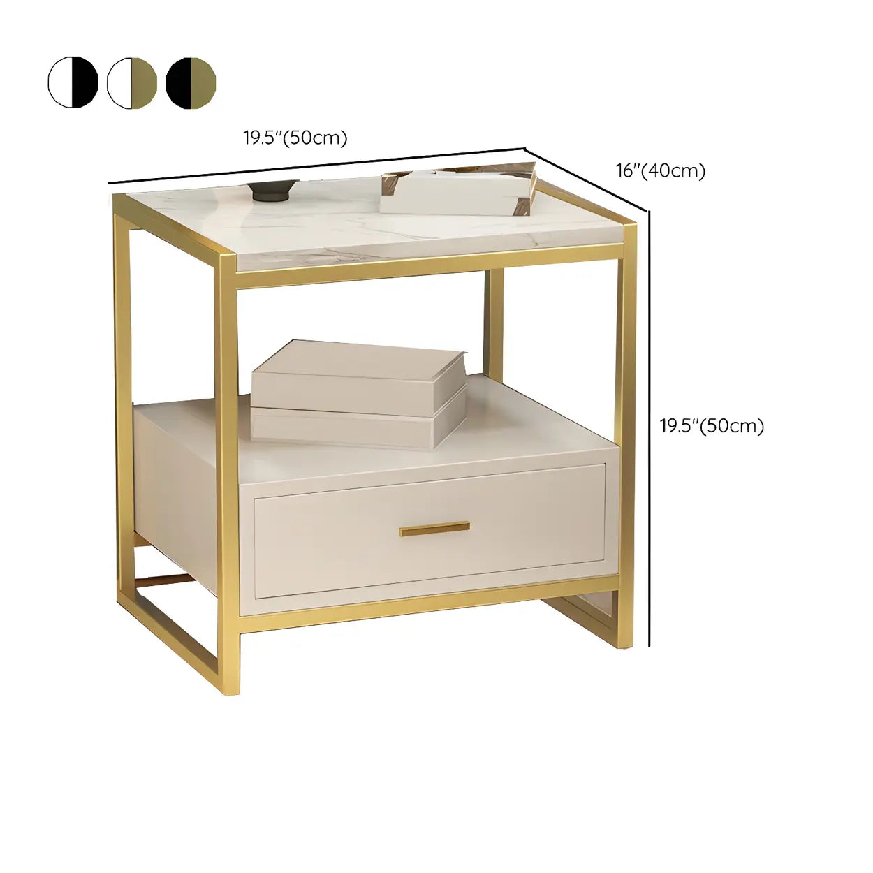 Rectangular White-Gold Faux Marble Storage Nightstand — Grey / 2 Piece Set