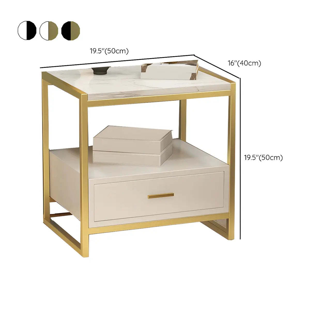 Rectangular White-Gold Faux Marble Storage Nightstand — Grey / 2 Piece Set
