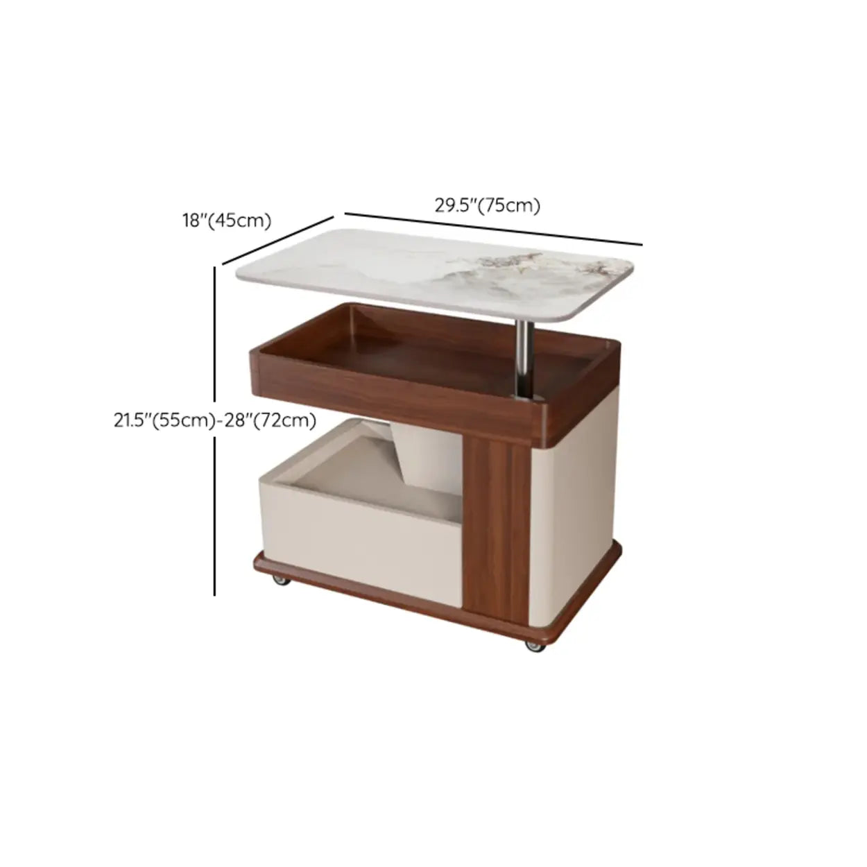 Rectangular Adjustable Brown Stone Side Table with Wheels