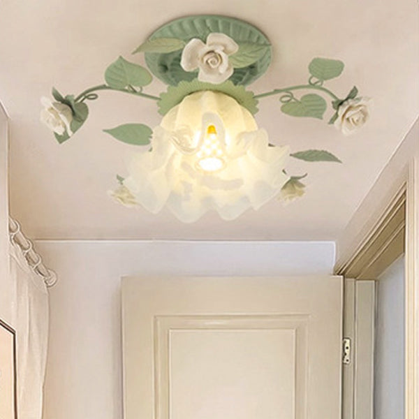 French Bellflower Iron Ceramic Glass Ceiling Light