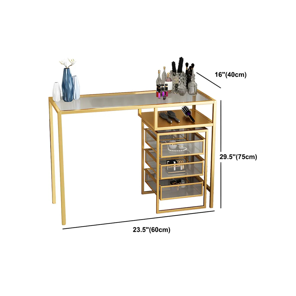 Glam Gold Metal Glass Makeup Vanity with Storage Box #size