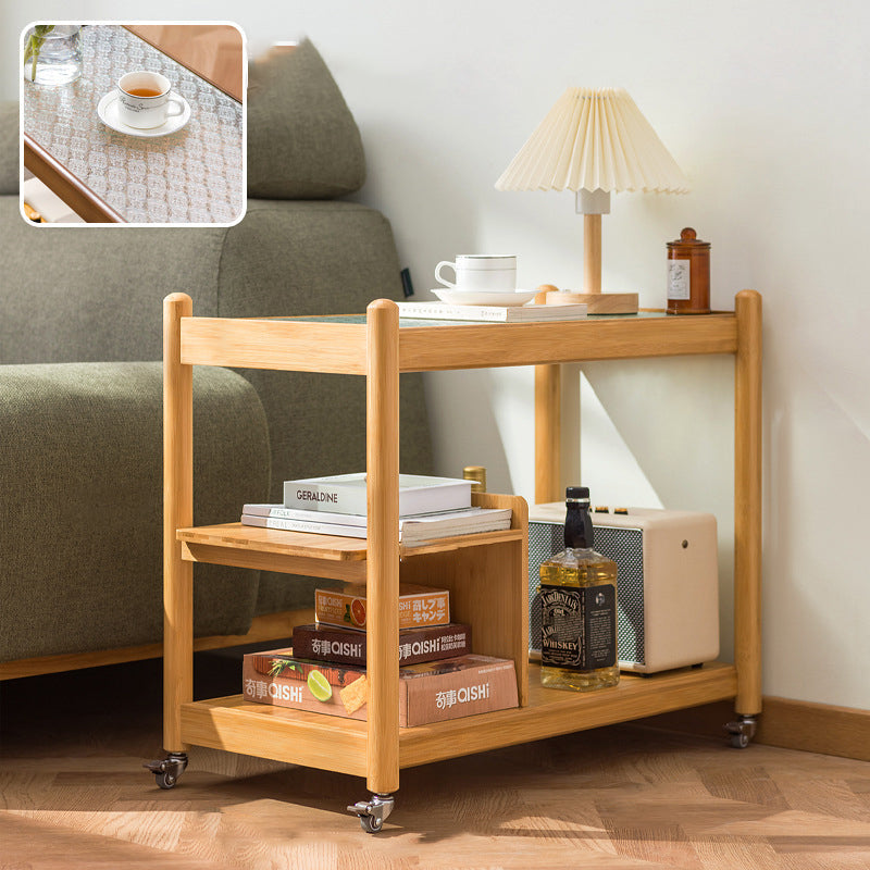 Modern Glass Wood 2-Tier Side Table — Log Color Frame + Begonia Pattern Glass Tabletop