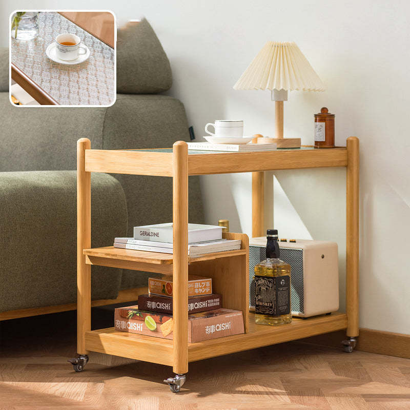 Modern Glass Wood 2-Tier Side Table — Log Color Frame + Begonia Pattern Glass Tabletop