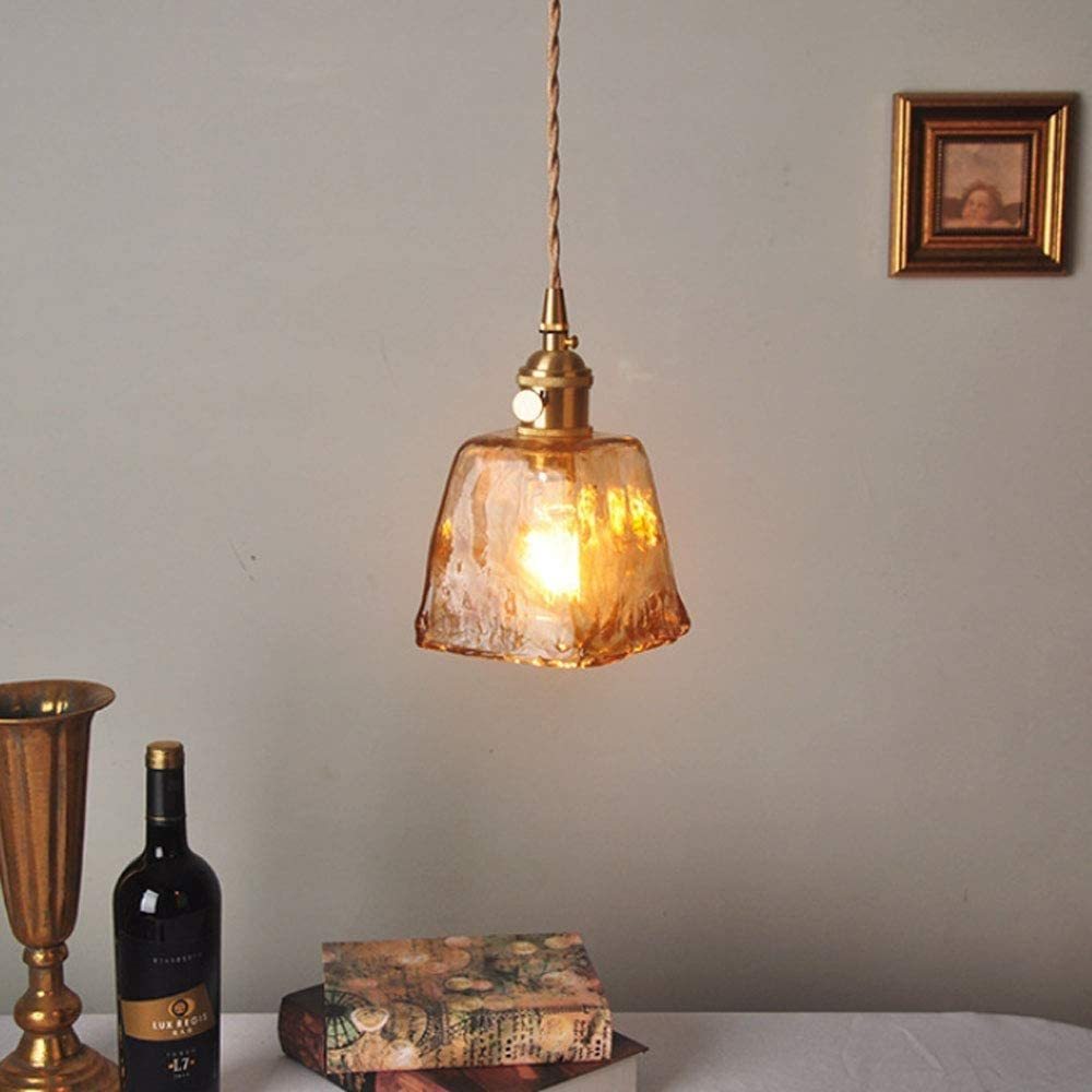 Retro Brass Geometric Amber Glass Pendant Light