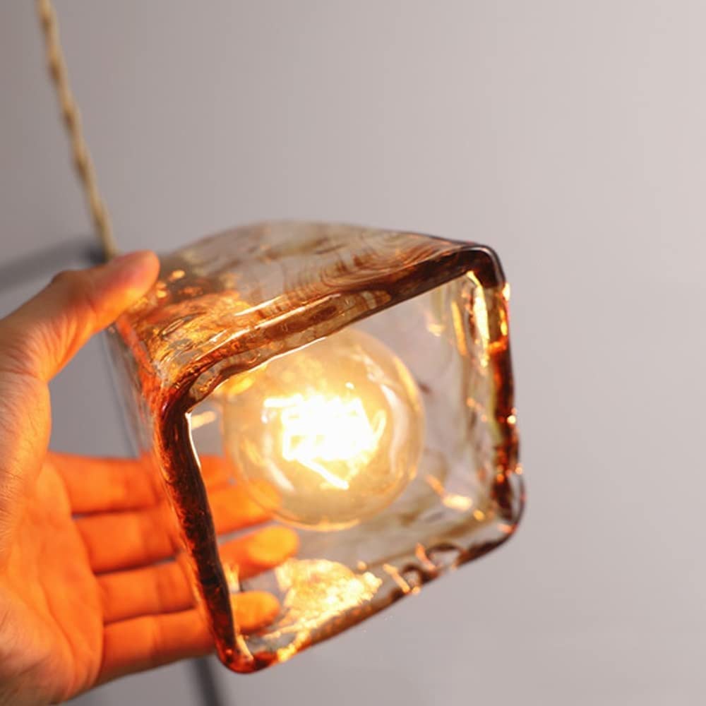 Retro Brass Geometric Amber Glass Pendant Light