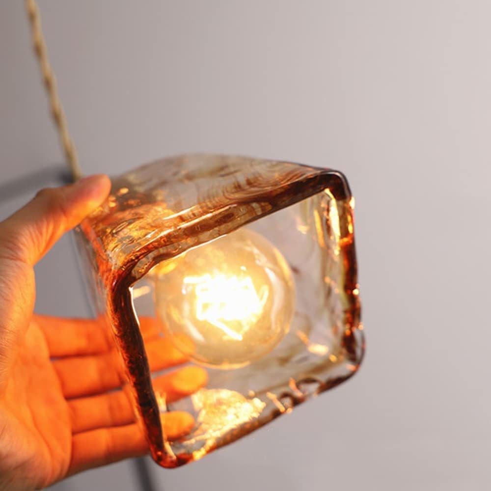 Retro Brass Geometric Amber Glass Pendant Light