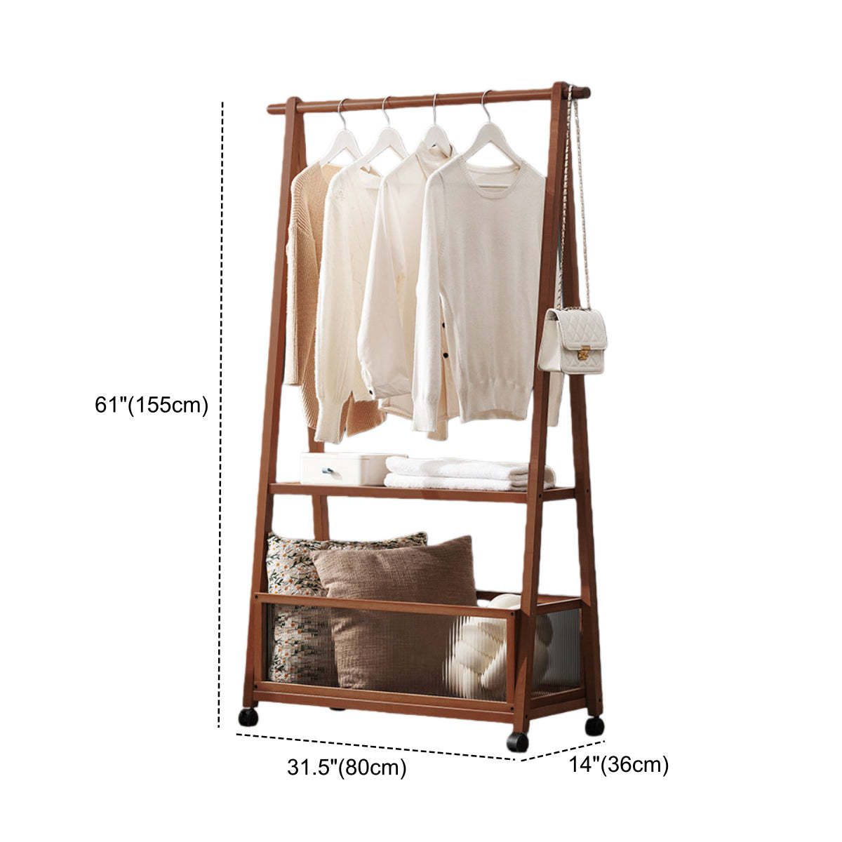 A-Frame Brown Wood Storage Coat Rack with Wheels