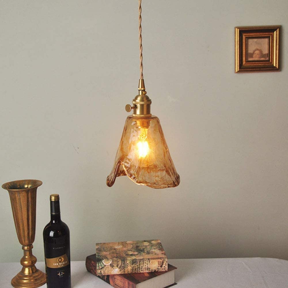 Retro Brass Geometric Amber Glass Pendant Light