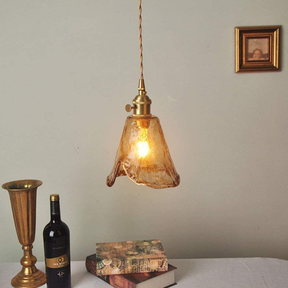 Retro Brass Geometric Amber Glass Pendant Light