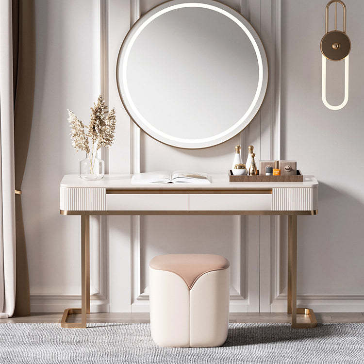 Minimalist Leather Wood Rounded Vanity Stool — Brown