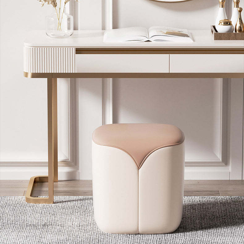 Minimalist Leather Wood Rounded Vanity Stool — Orange