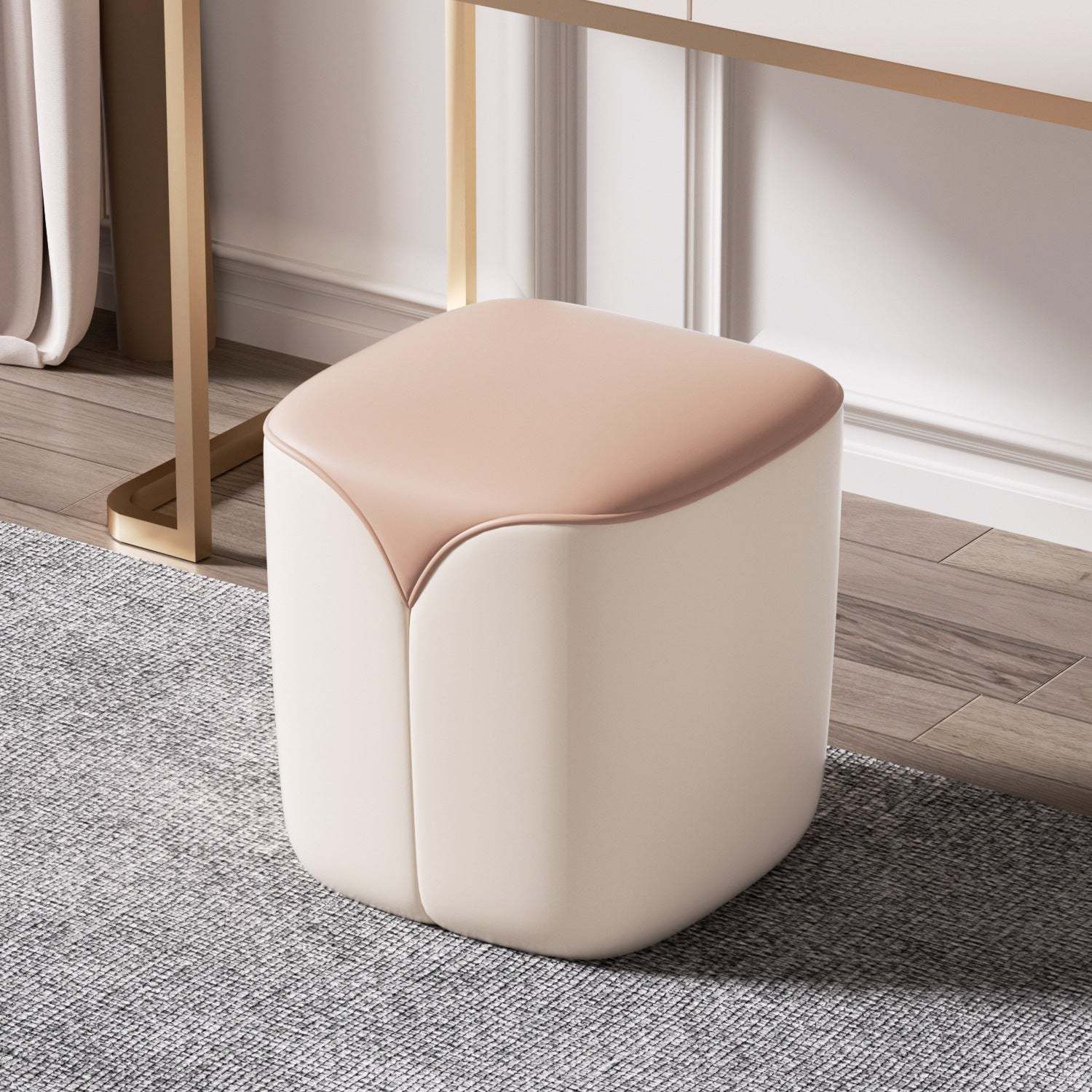Minimalist Leather Wood Rounded Vanity Stool — Khaki