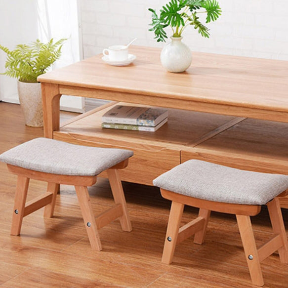 Minimalist Fabric Wood Curved Low Stool — Wood Color Frame + Khaki