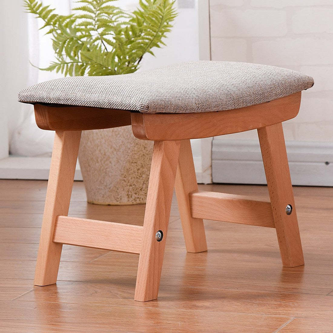 Minimalist Fabric Wood Curved Low Stool — Brown Frame + Brown